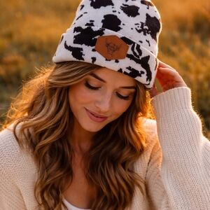 Boutique Cow Print Beanie Western Boho Knit Hat Black White